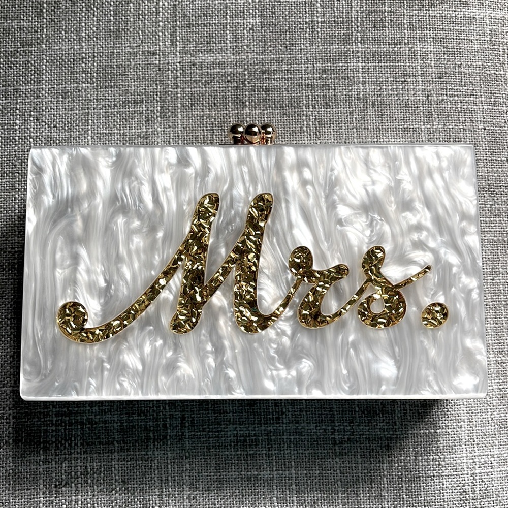 Edie Parker Inspired Mrs. wedding clutch with interior Mirror and chain